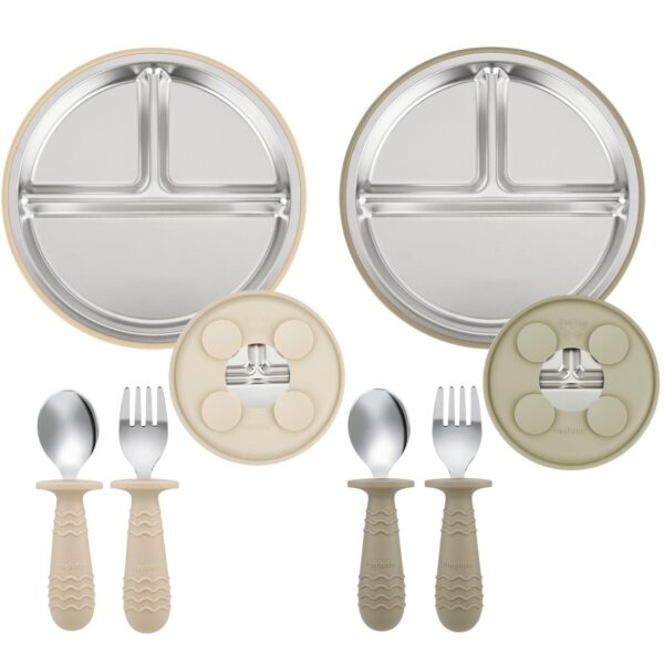 PandaEar Edelstahl Kinderteller-Set 2er mit Besteck – rutschfest & BPA-frei