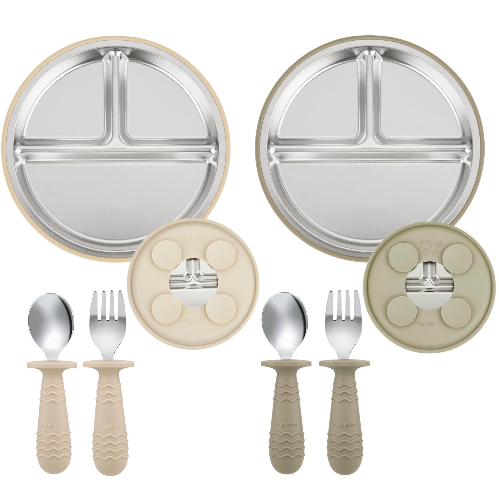 PandaEar Edelstahl Kinderteller-Set 2er mit Besteck – rutschfest & BPA-frei