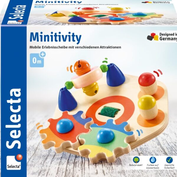 Selecta Minitivity Motorikspielzeug aus Holz – 3 Spielstationen für Babys ab 1 Jahr