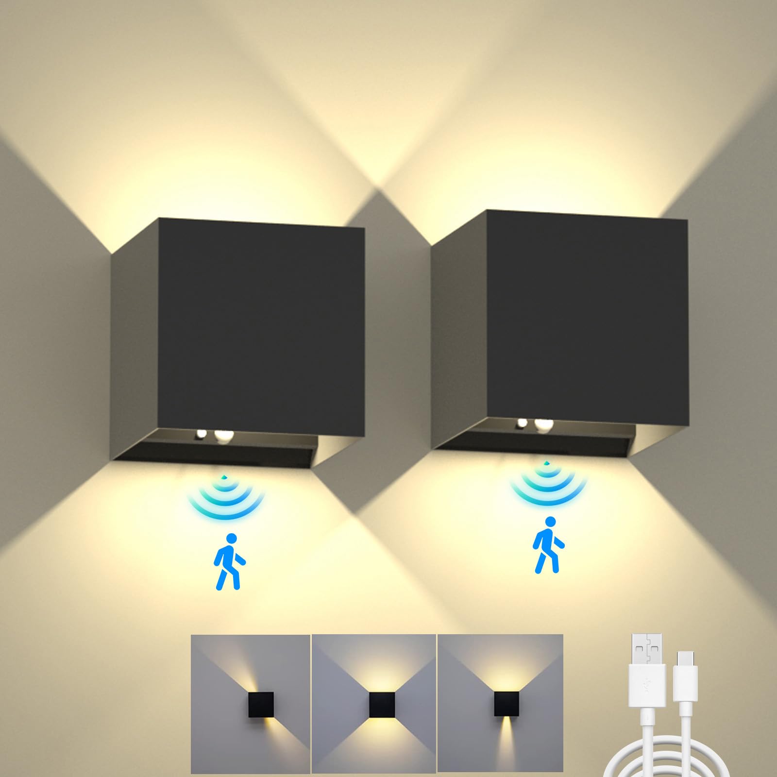 KwatTsz LED-Wandleuchte mit Bewegungsmelder & 6000mAh Akku – 2er Set Schwarz