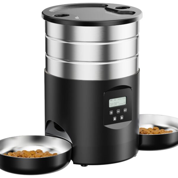 GROOKPET Futterautomat mit 2 Edelstahl-Näpfen & Timer – 5L für Katzen & Hunde