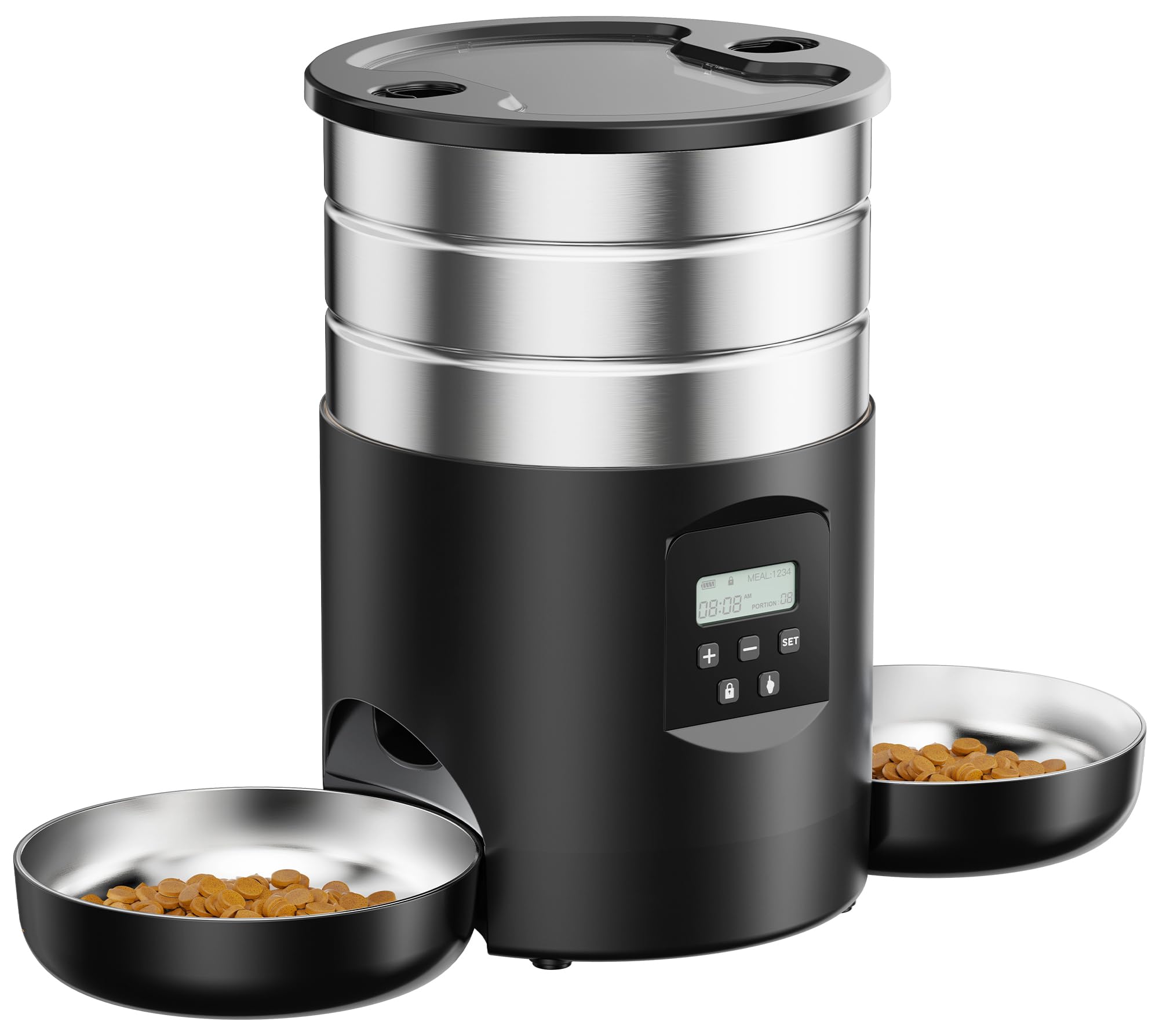GROOKPET Futterautomat mit 2 Edelstahl-Näpfen & Timer – 5L für Katzen & Hunde