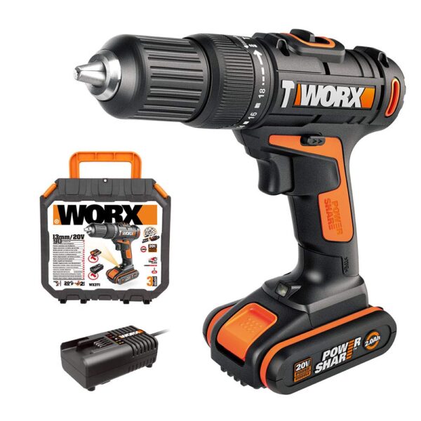 WORX WX371 Akku-Schlagbohrschrauber 18V – 2-Gang Bohrer mit PowerShare Akku & Koffer