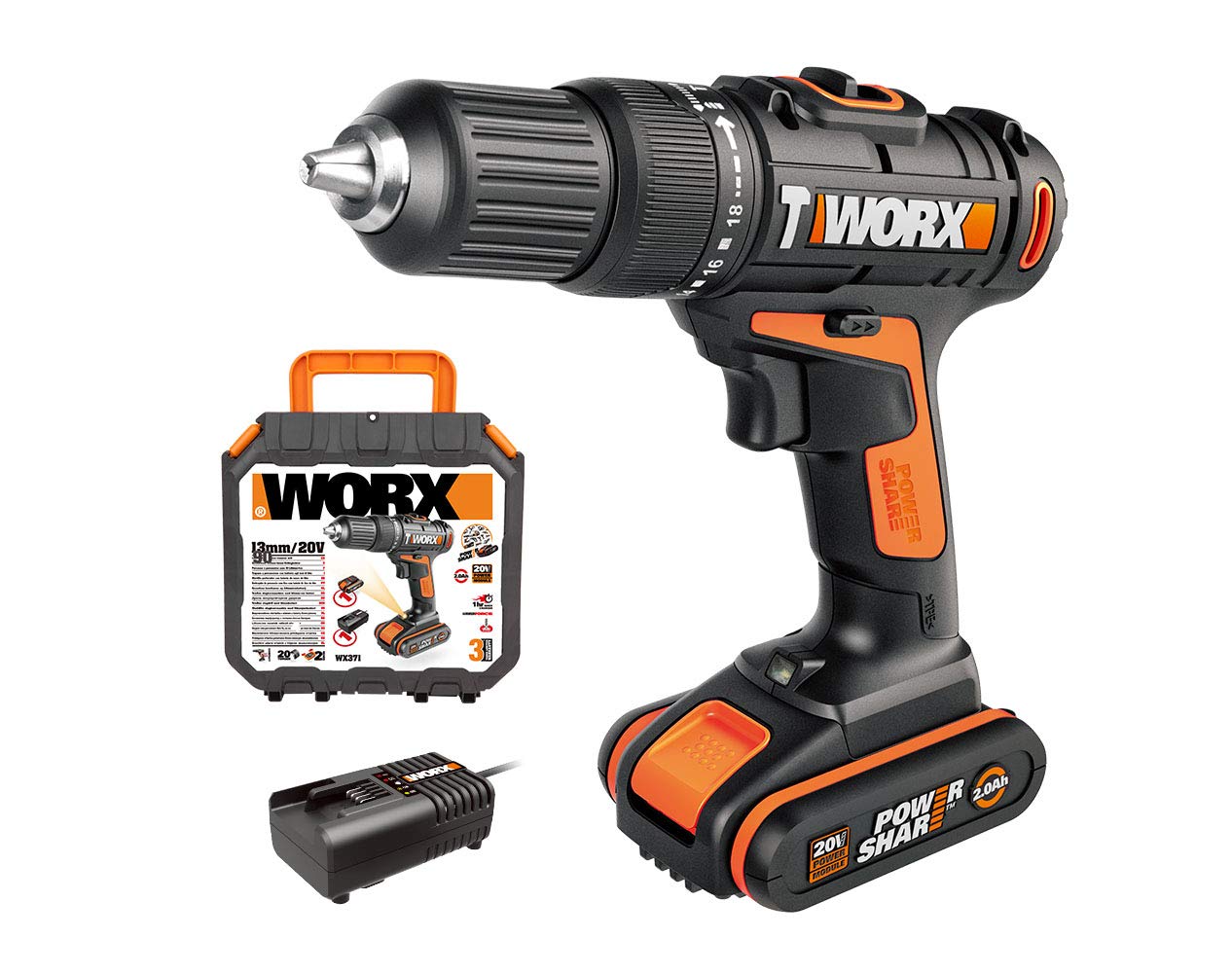 WORX WX371 Akku-Schlagbohrschrauber 18V – 2-Gang Bohrer mit PowerShare Akku & Koffer