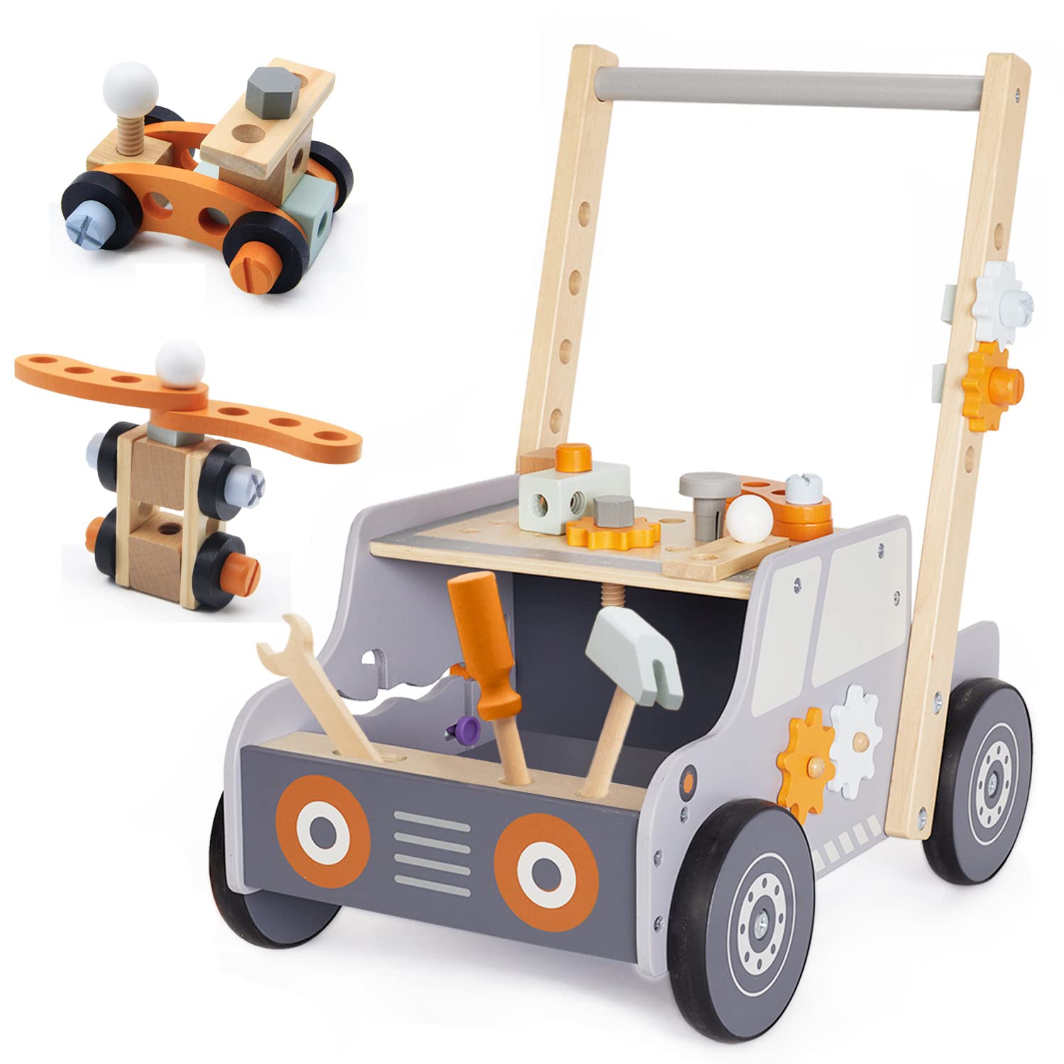 Labebe Lauflernwagen Holz mit Werkzeugbank – Montessori Spielzeug für Kleinkinder 1-3 Jahre