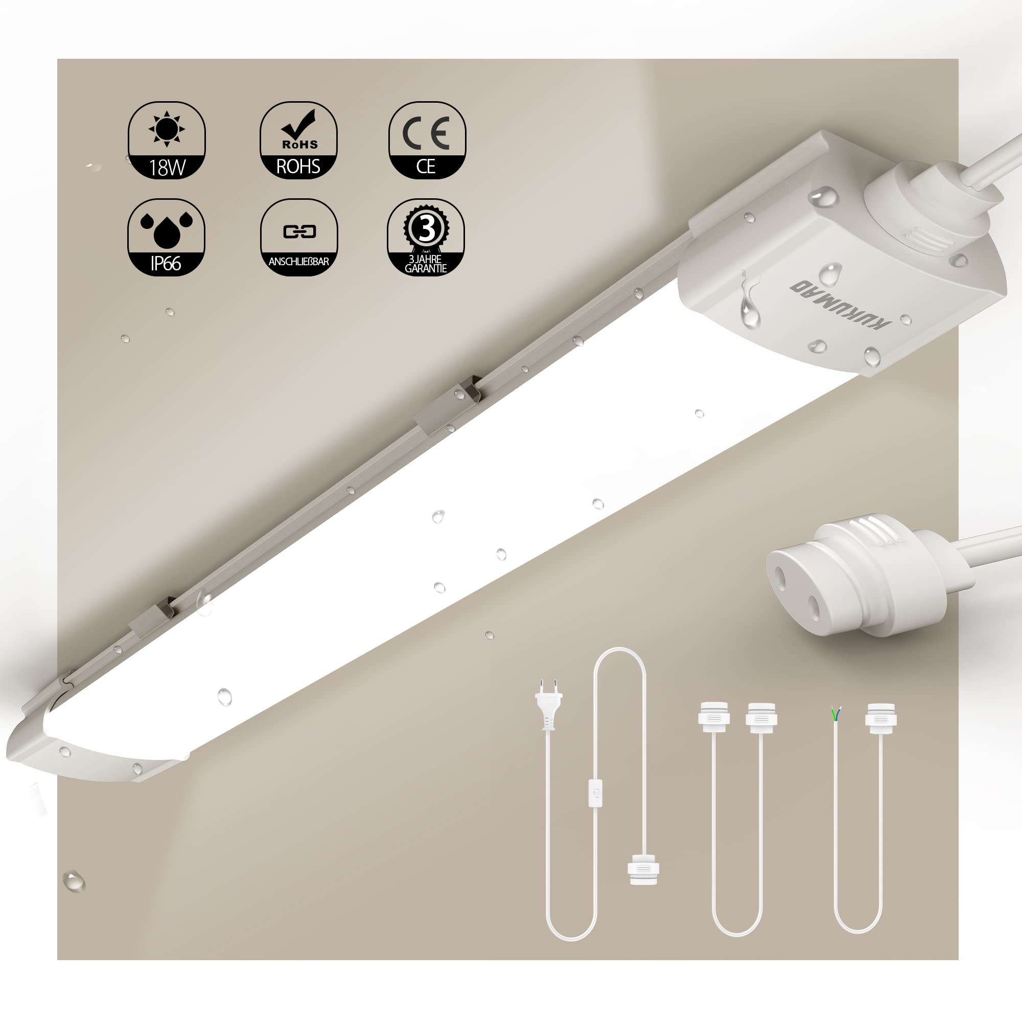 KUKUMAO Feuchtraumleuchte 60cm, 18W 2000LM 4000K – Wasserdichte LED Deckenleuchte für Werkstatt & Bad
