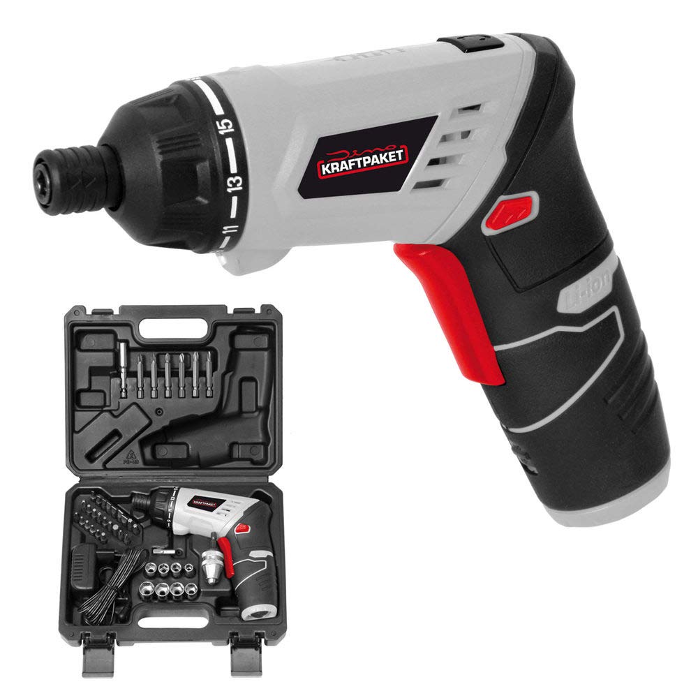 Dino KRAFTPAKET Mini-Akkuschrauber 3.6V 5Nm – 41-teiliges Komplett-Set mit Bohrfutter