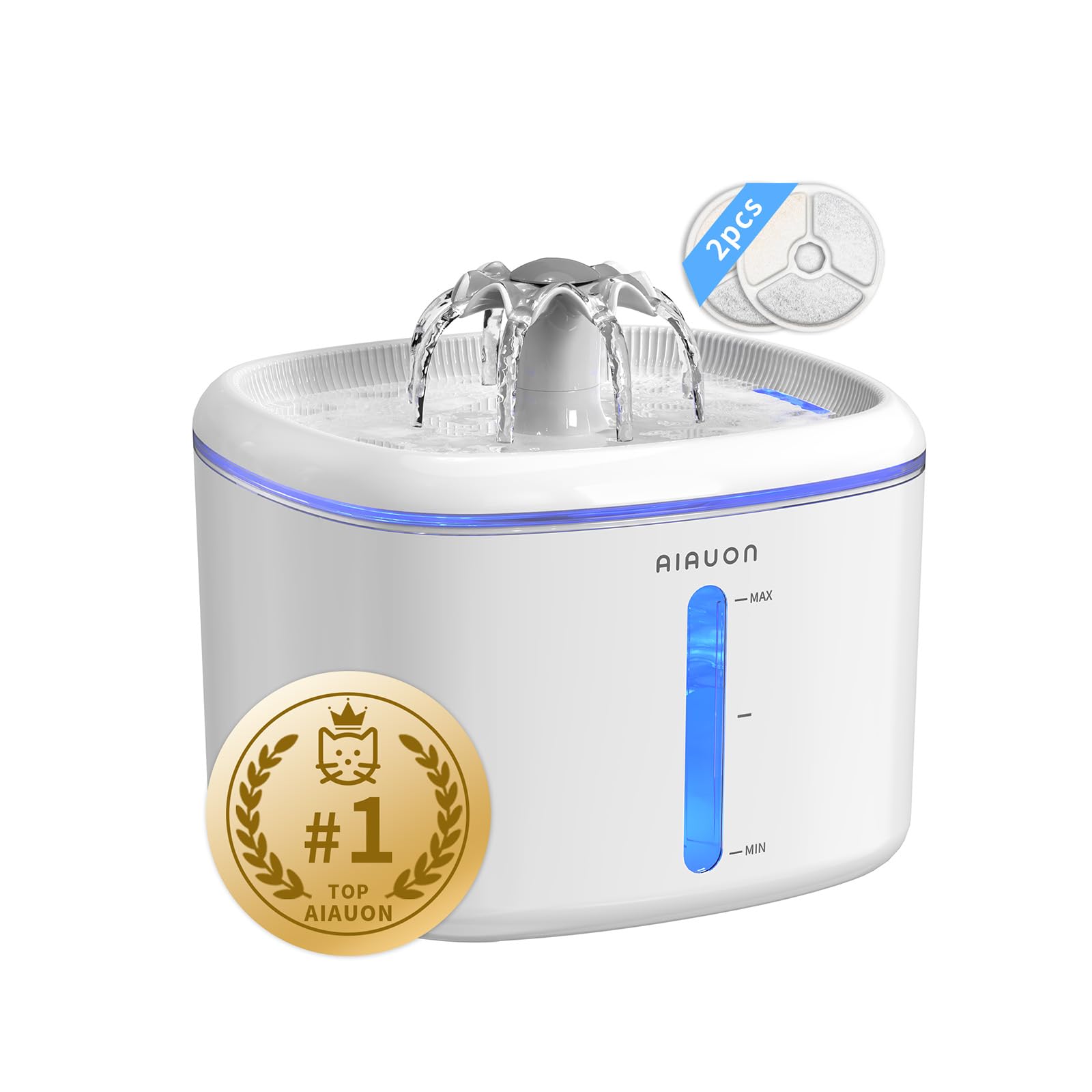 AIAUON Katzenbrunnen 2,5L mit 2 Filtern – Ultraleise Pumpe & LED-Wasserstandsfenster