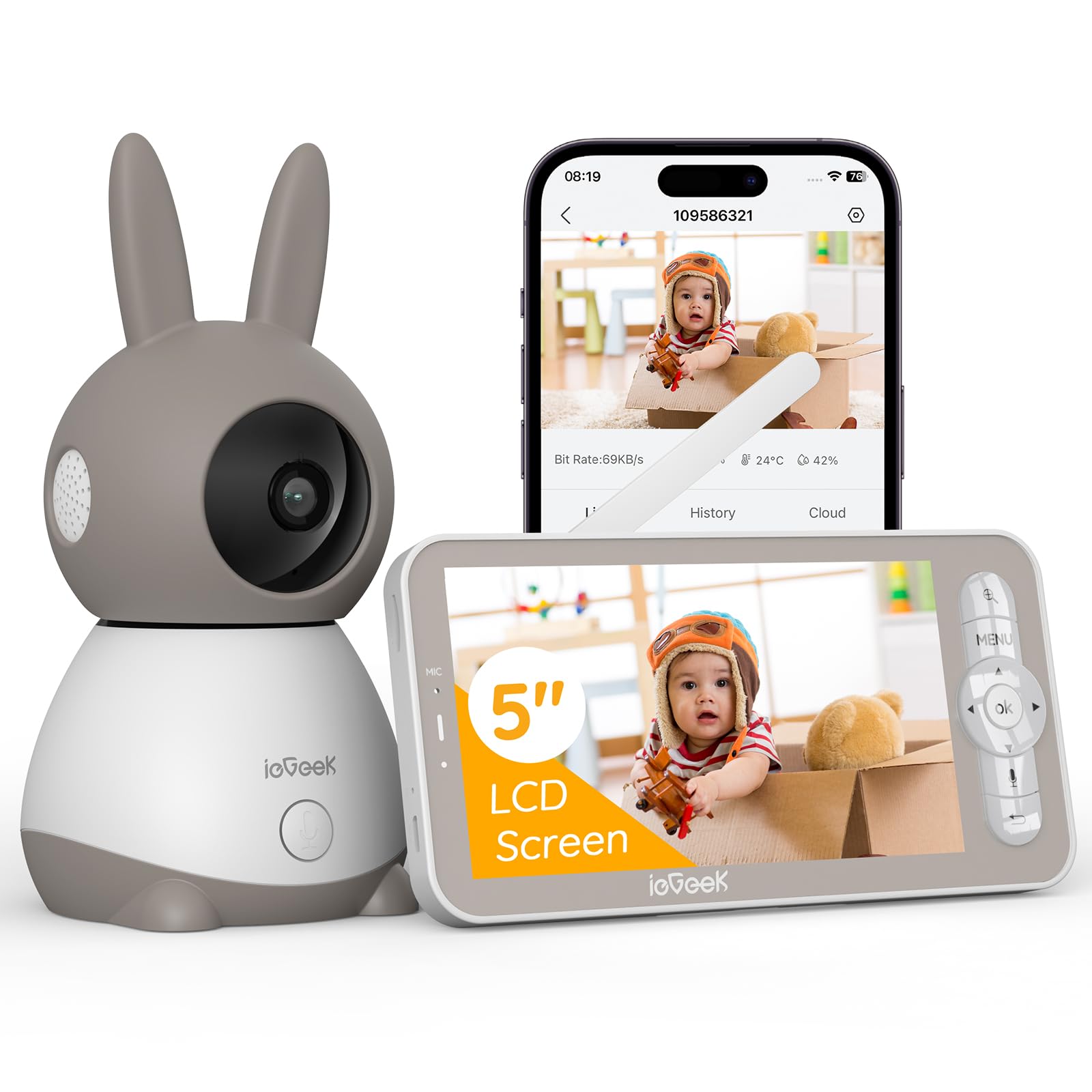 ieGeek Babyphone 2K 5" WLAN PTZ 360° – HD Nachtsicht mit App-Steuerung für Eltern