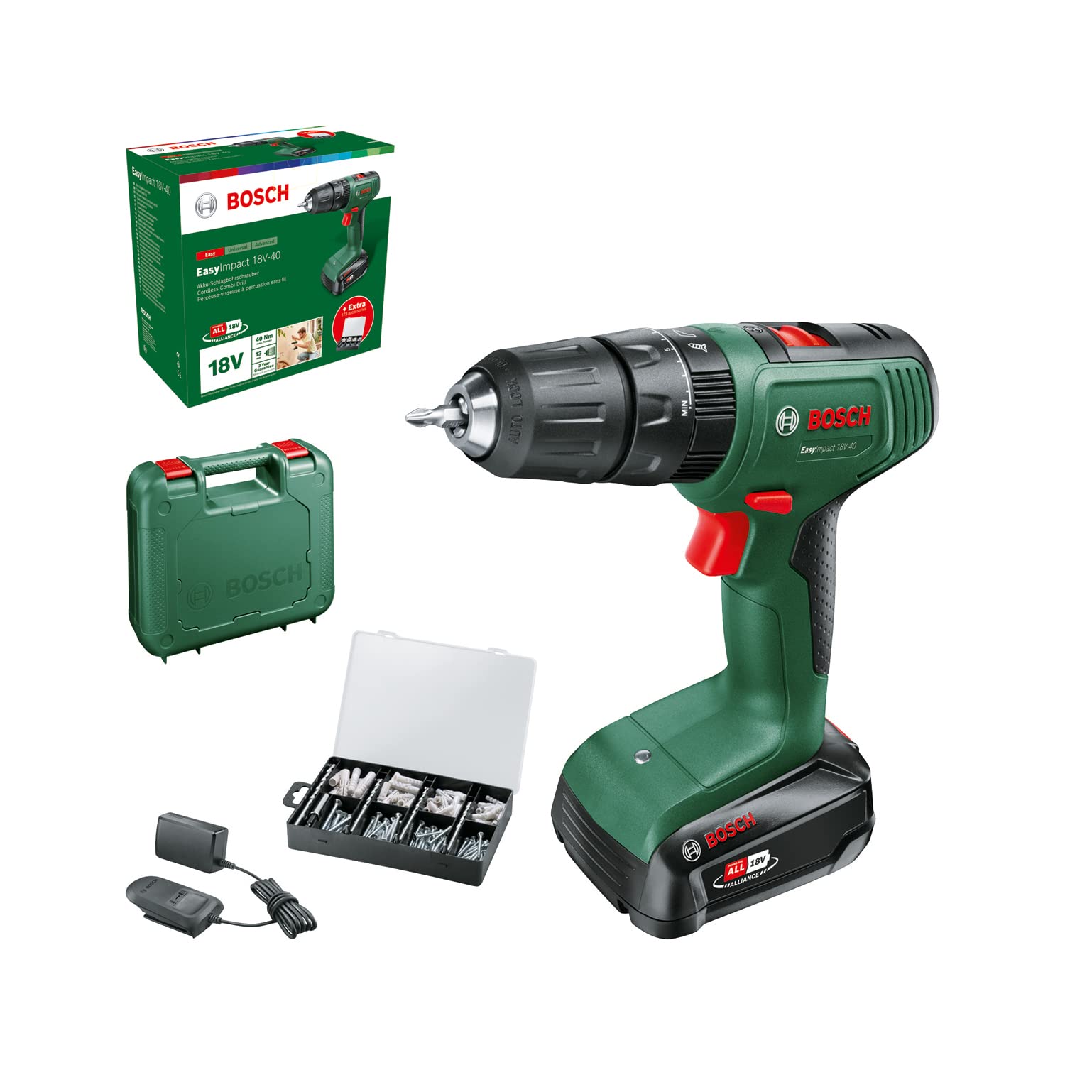 Bosch EasyImpact 18V-40 Akku Schlagbohrschrauber – 173-tlg. Set mit Koffer