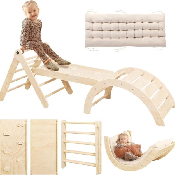 Khlerox 7-in-1 Montessori Kletterdreieck mit Rutsche & Kletterbogen – Holz Spielgerät ab 1–3 Jahre