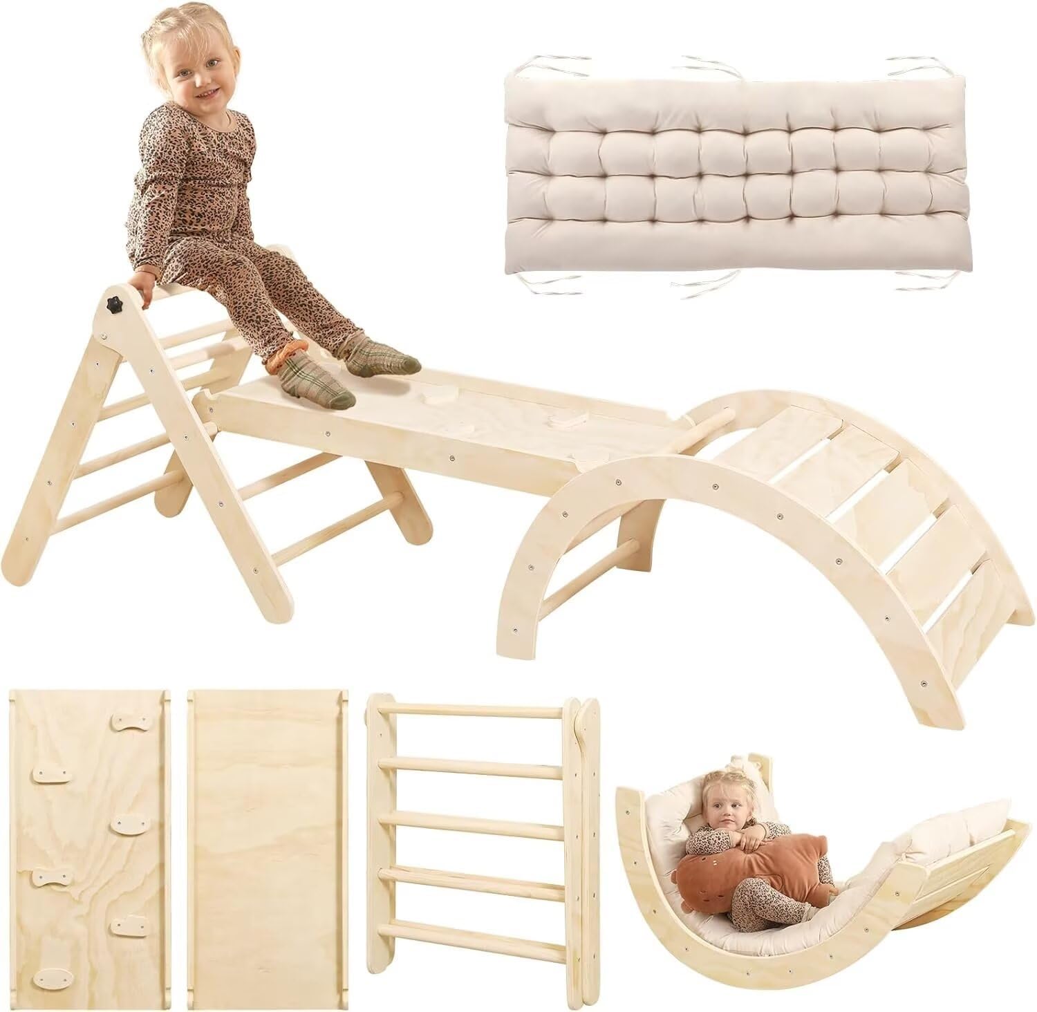 Khlerox 7-in-1 Montessori Kletterdreieck mit Rutsche & Kletterbogen – Holz Spielgerät ab 1–3 Jahre