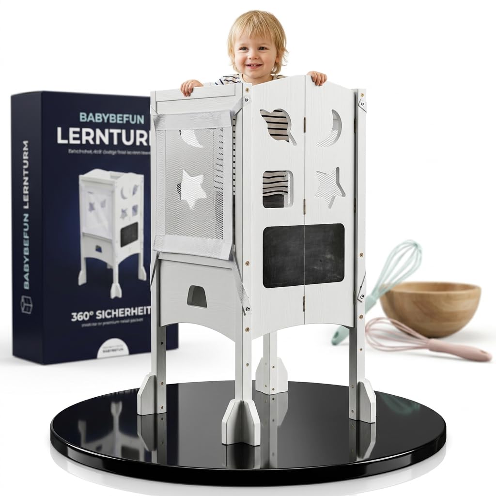 BabybeFun Lernturm ab 1 Jahr – Klappbar mit 360° Sicherheitsnetz & Anti-Kipp-Schutz