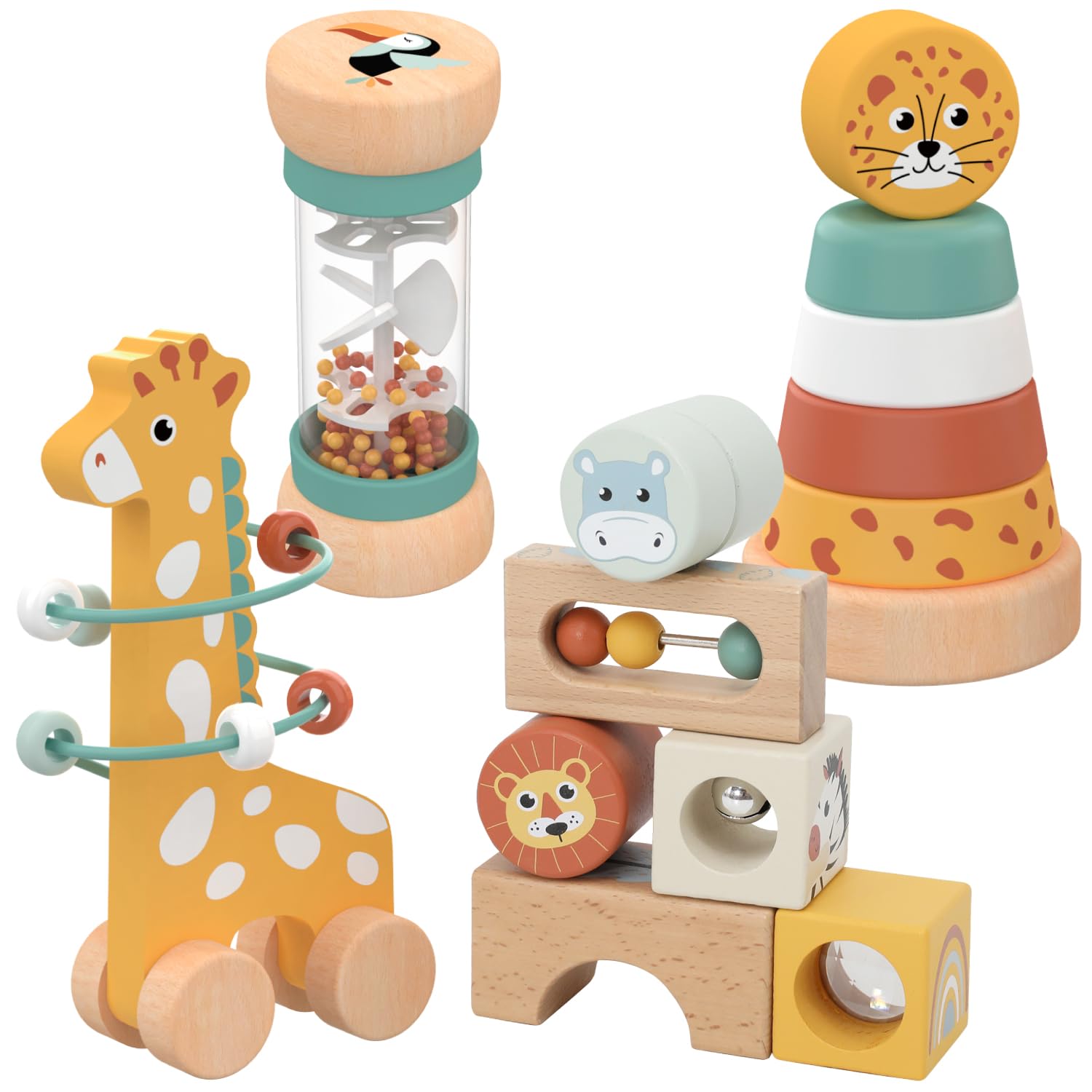Nene Toys 4-in-1 Montessori Holzspielzeug ab 1 Jahr – Motorikspielzeug Set für Babys