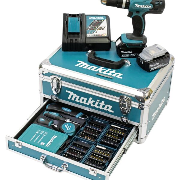 Makita DHP453RFX2 Akku-Schlagbohrschrauber 18 V – Profi-Set mit Koffer & 96-tlg. Zubehör