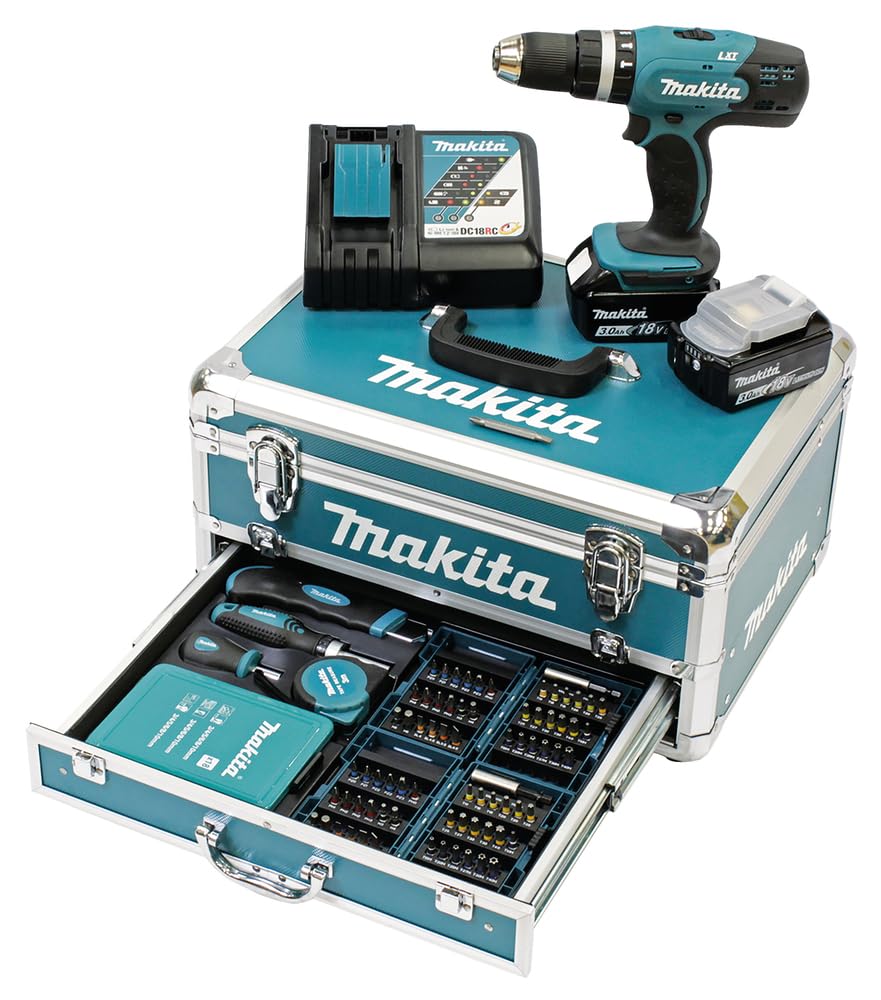Makita DHP453RFX2 Akku-Schlagbohrschrauber 18 V – Profi-Set mit Koffer & 96-tlg. Zubehör