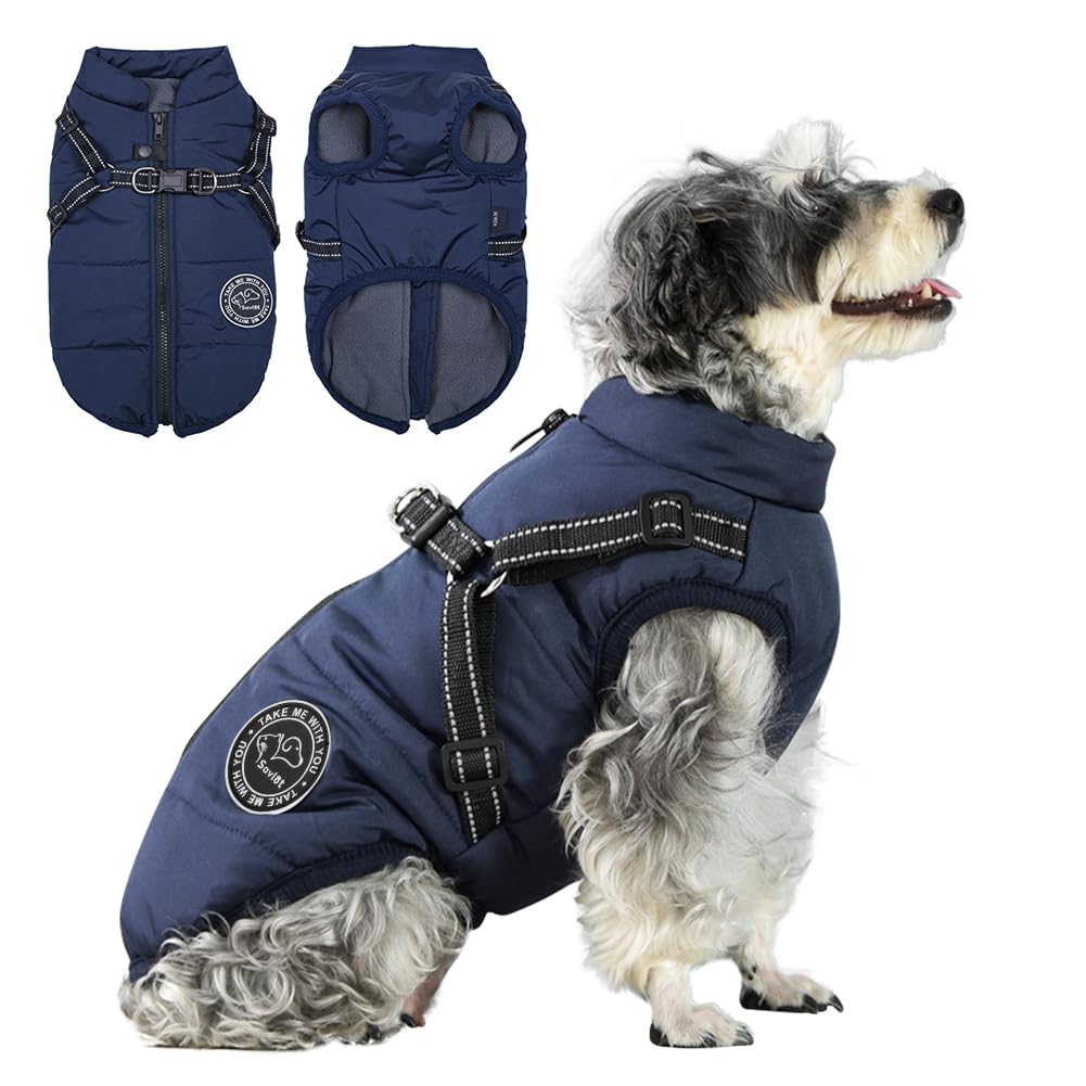 Savlot Hundejacke mit integriertem Geschirr – Wasserdichte Winterweste für kleine & mittlere Hunde, Grösse L