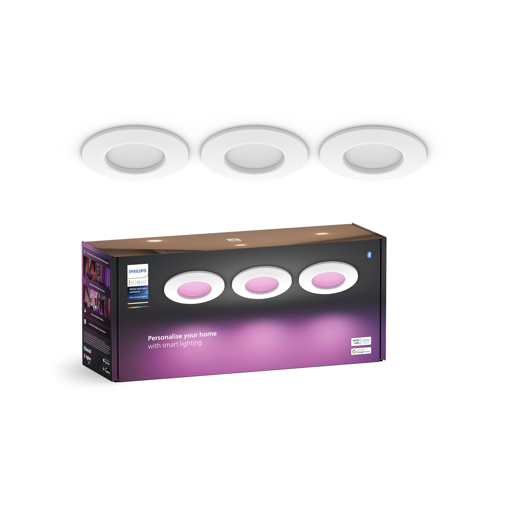Philips Hue Smart Slim Einbauleuchte 90 mm, 3er Pack – Bluetooth & Sprachsteuerung