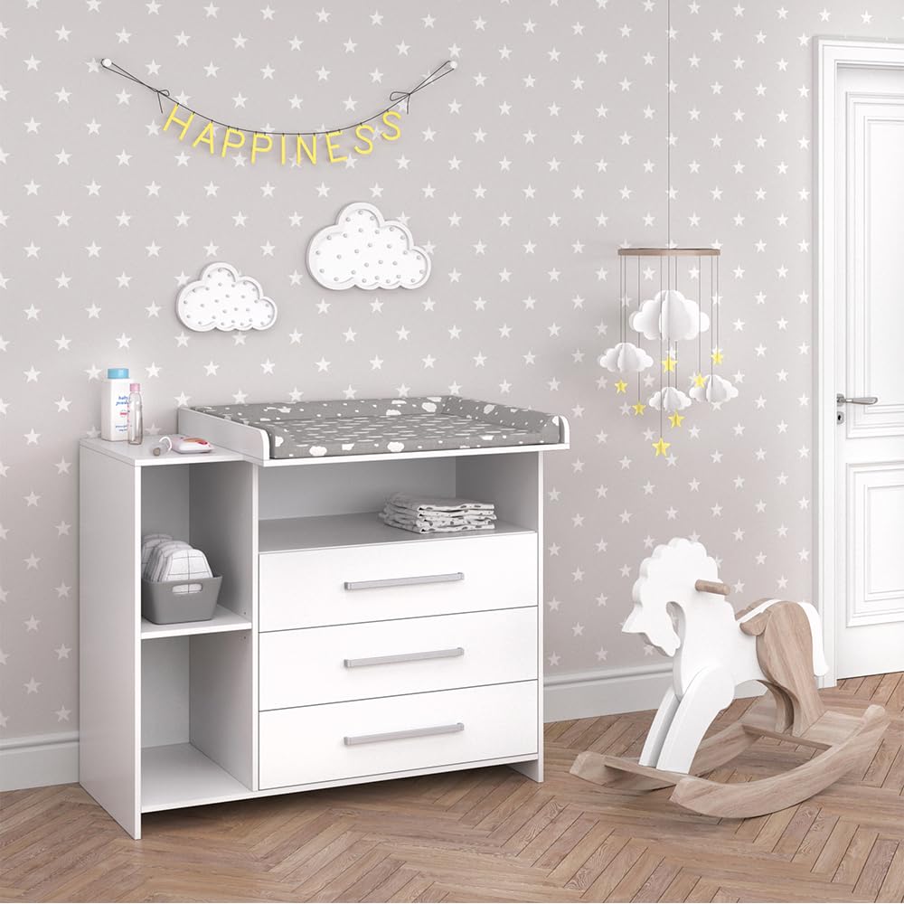 Vicco Wickelkommode Oskar 113x100 cm Weiss – Wickeltisch mit 3 Schubladen & abnehmbarem Aufsatz