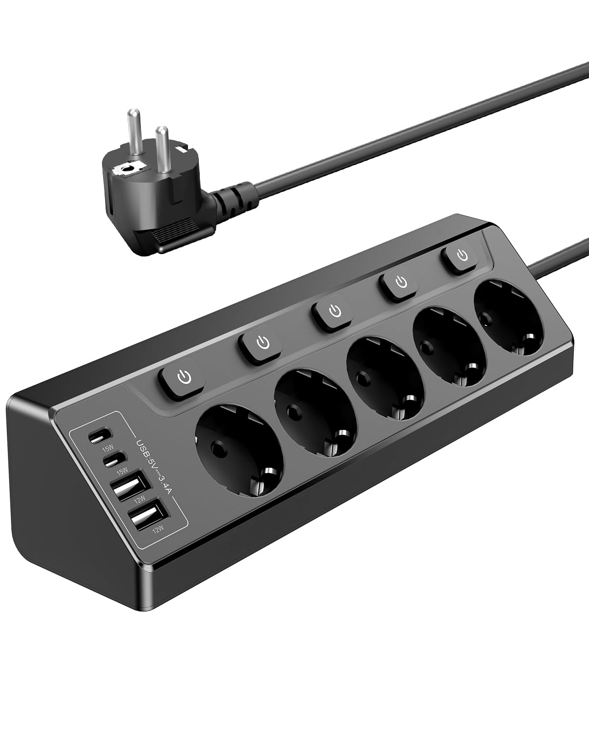 Vipwell Ecksteckdose 9in1 mit 5 Steckdosen & 4 USB (2x USB-C) – 3680W Steckdosenleiste mit Kindersicherung