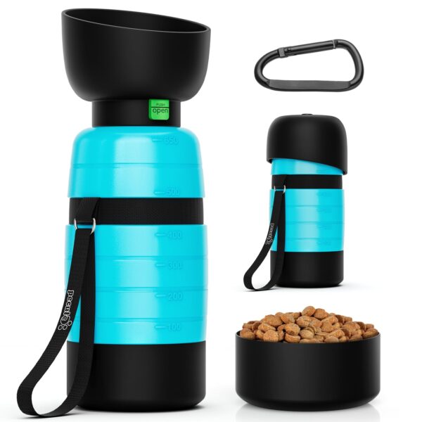 Pecute 3-in-1 Trinkflasche für Hunde – Wasser, Schale & Futter in einem mit Karabiner