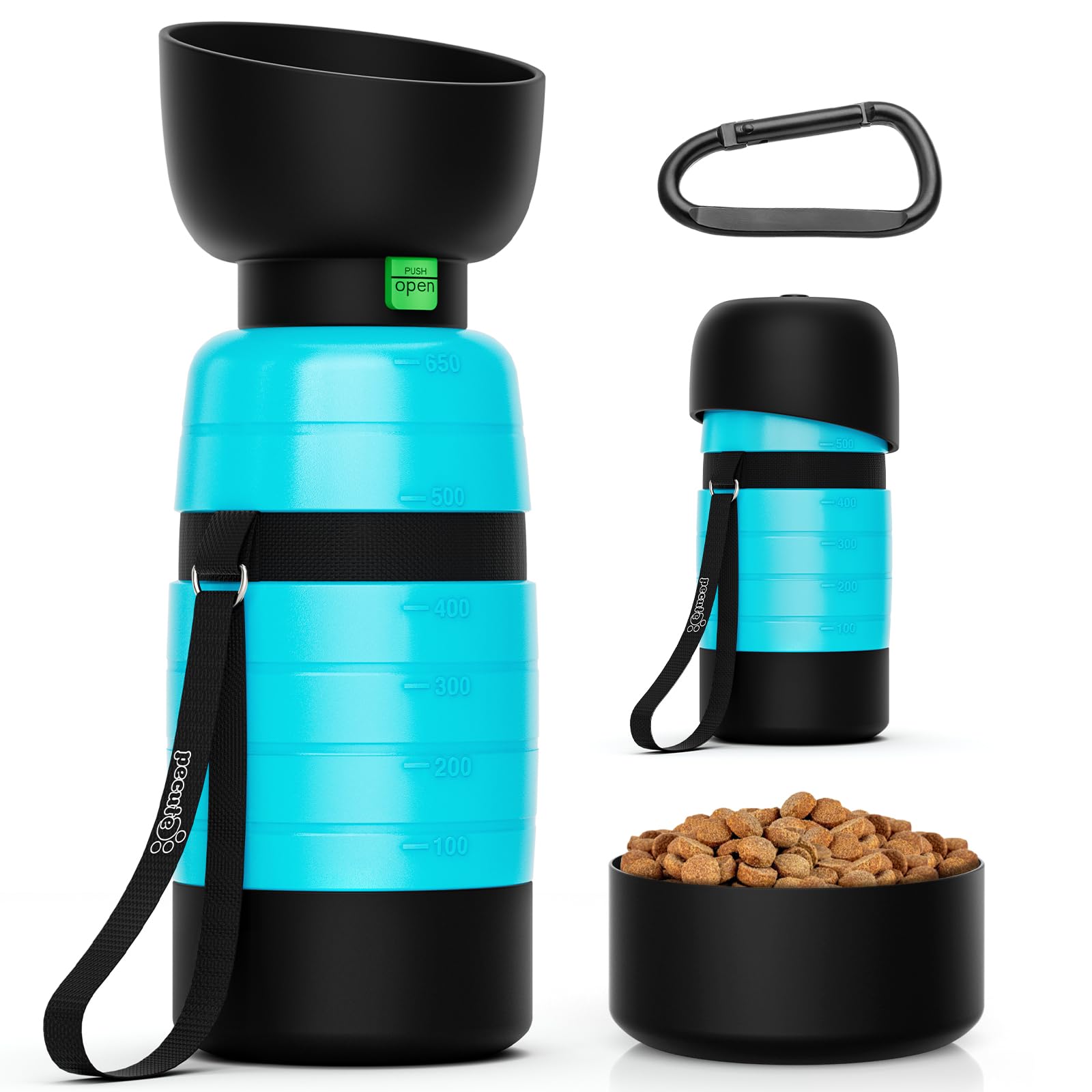 Pecute 3-in-1 Trinkflasche für Hunde – Wasser, Schale & Futter in einem mit Karabiner
