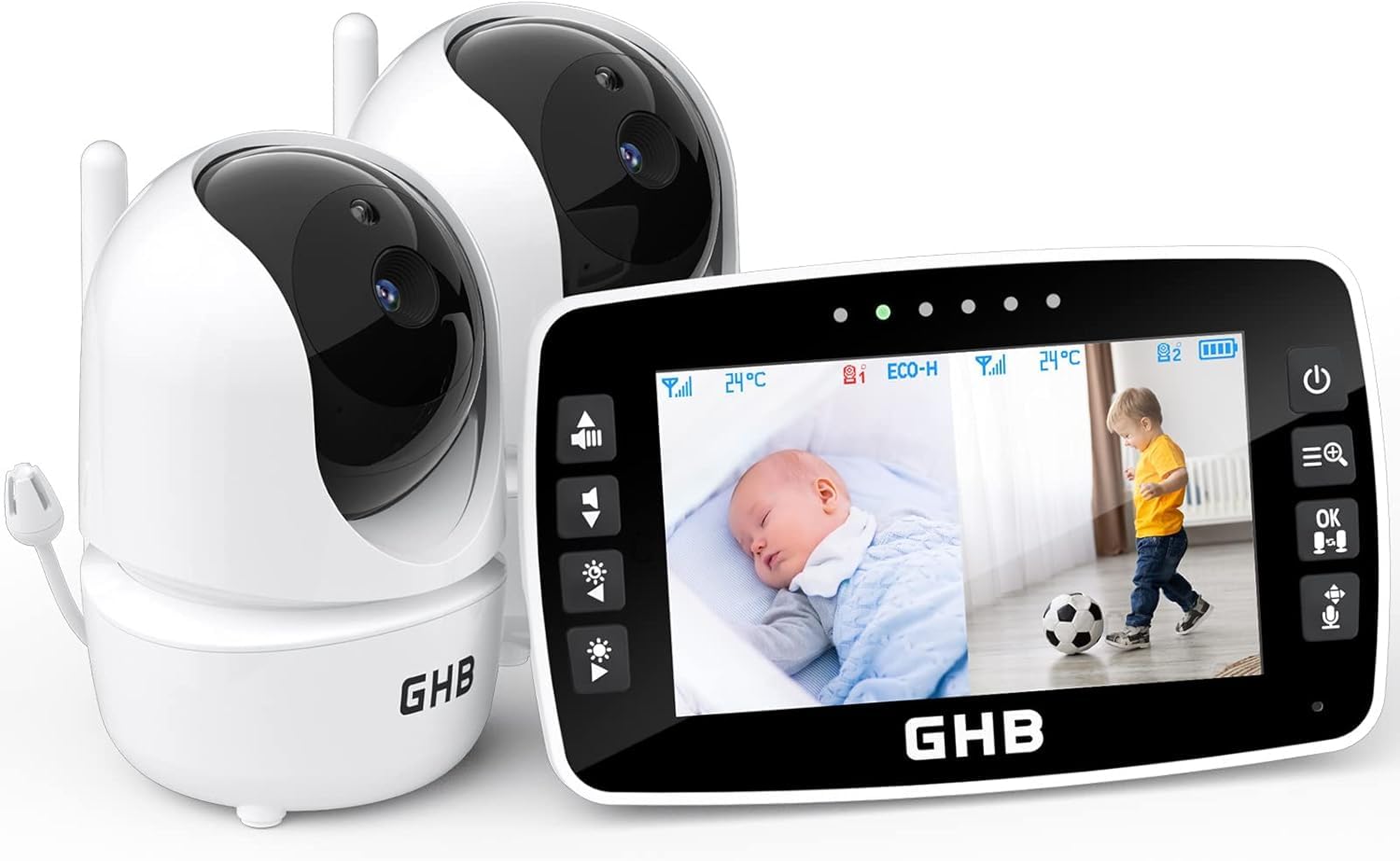 GHB Babyphone mit 2 Kameras & 4,3" Display – 350° Rotation, HD-Nachtsicht für Eltern