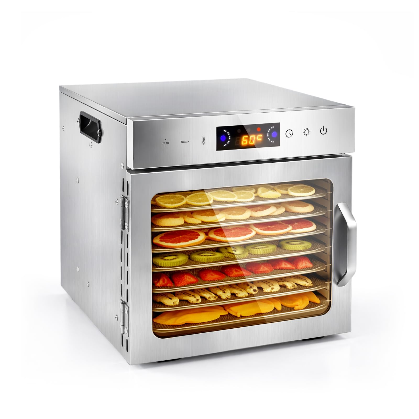 Dörrautomat Edelstahl mit 8 Tabletts – Temperaturbereich 35–90°C für Obst, Gemüse & Fleisch