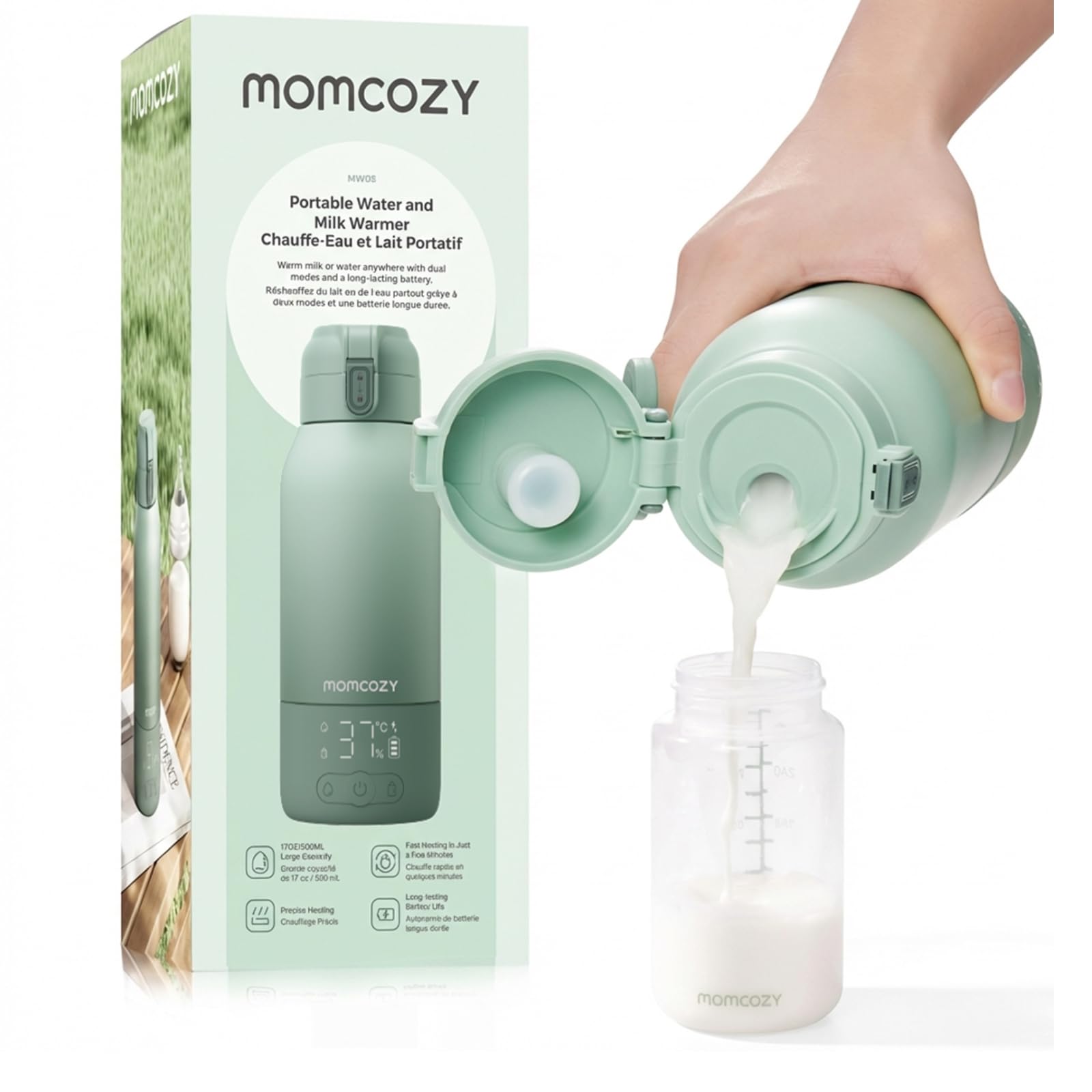 Momcozy Tragbarer Flaschenwärmer 500 ml – Schnelles Aufheizen für unterwegs, Kabellos mit USB-C