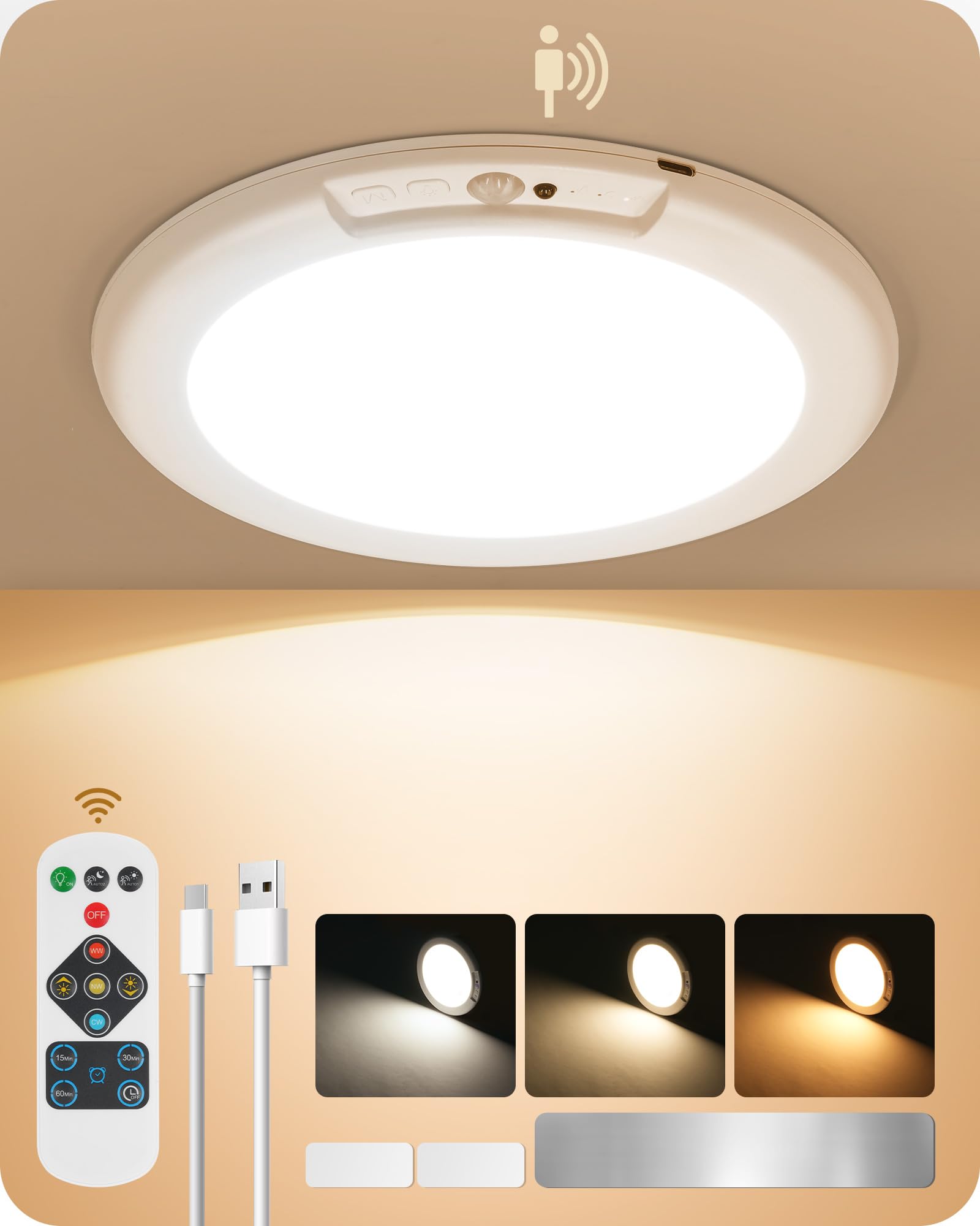 GOEBLESON Wiederaufladbare Sensor-Deckenleuchte mit Fernbedienung – Intelligente LED für Flur & Treppen