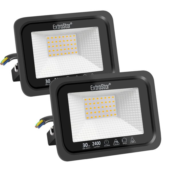 EXTRASTAR 30W LED Strahler 2er-Set – 2400 lm Warmweiss IP65 Außenbeleuchtung