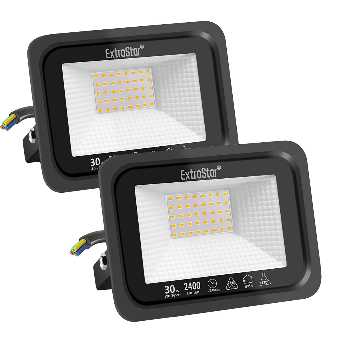 EXTRASTAR 30W LED Strahler 2er-Set – 2400 lm Warmweiss IP65 Außenbeleuchtung