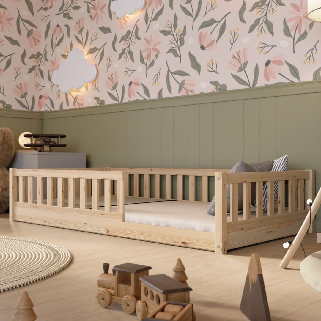 Crazy Pine Montessori Bodenbett 140x200 cm – Kinderbett mit Rausfallschutz & Lattenrost