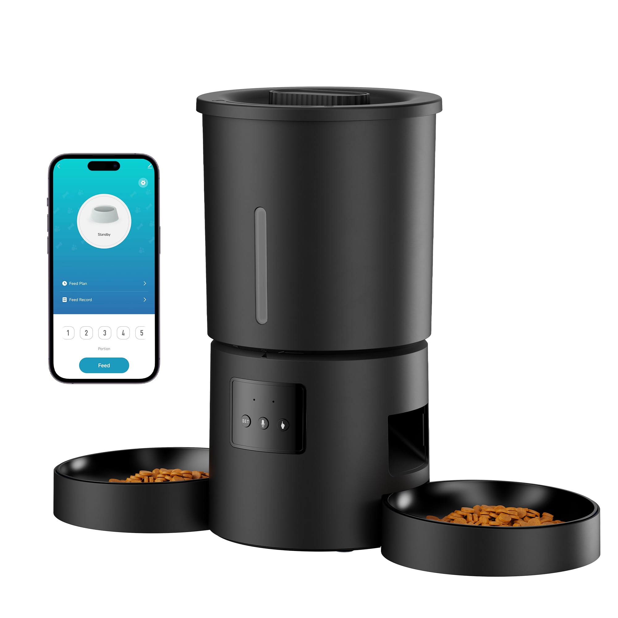 AONBOY Futterautomat Katze 5L mit 2 Näpfen – WiFi-Steuerung & App-Kontrolle für Mehrkatzenhaushalte