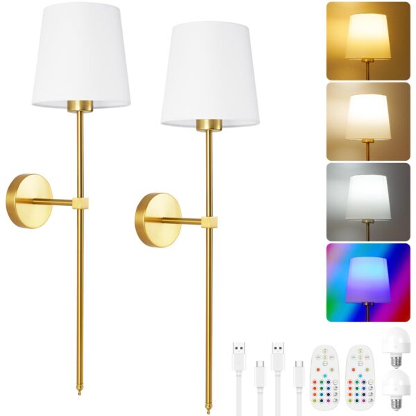 HOTUT Akku-Wandleuchte Gold 2er Set – Kabellose LED-Wandlampe mit Fernbedienung & RGB
