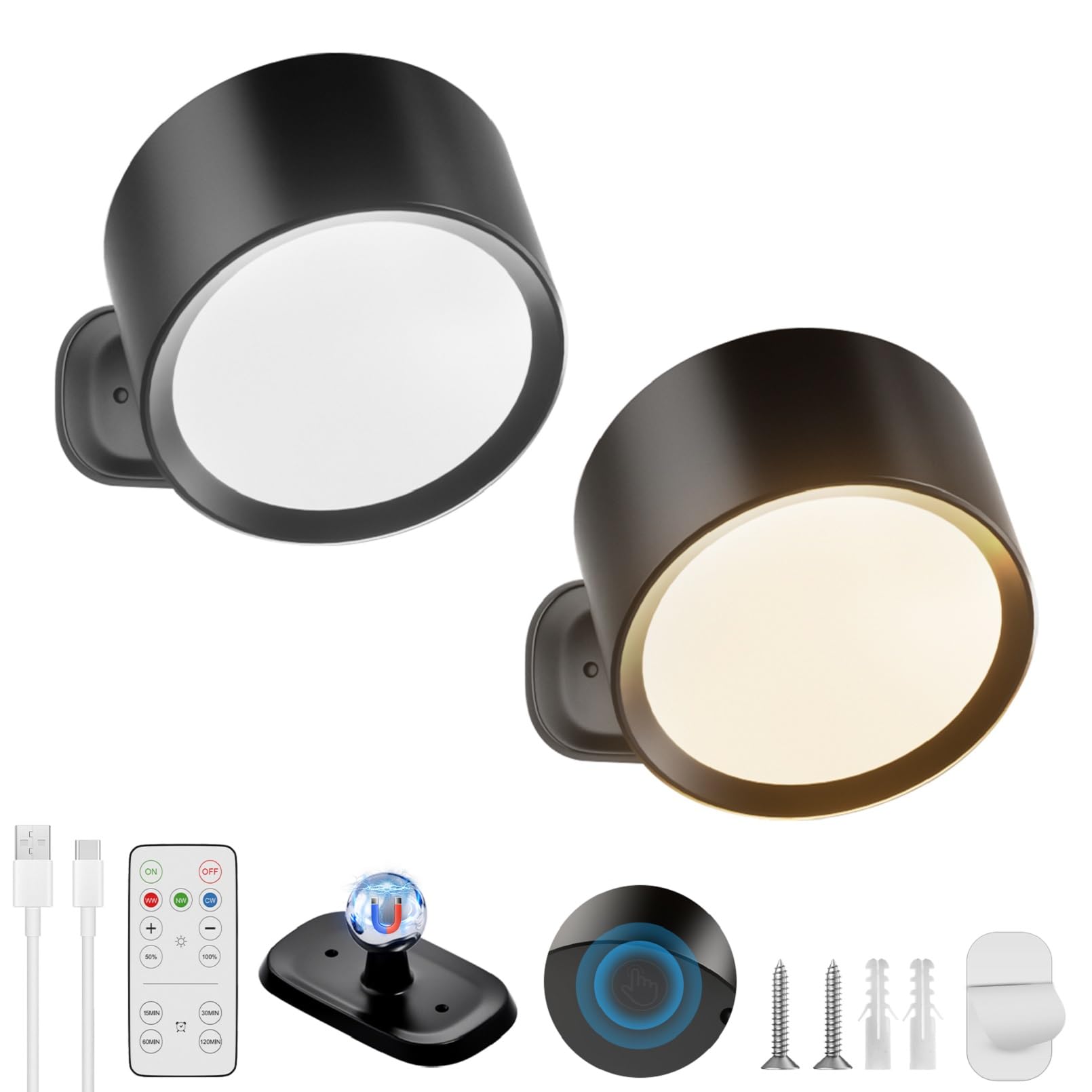 VIIVUU LED Wandleuchte mit Akku & Fernbedienung – 360° drehbar, 10 Helligkeitsstufen, 2er Set