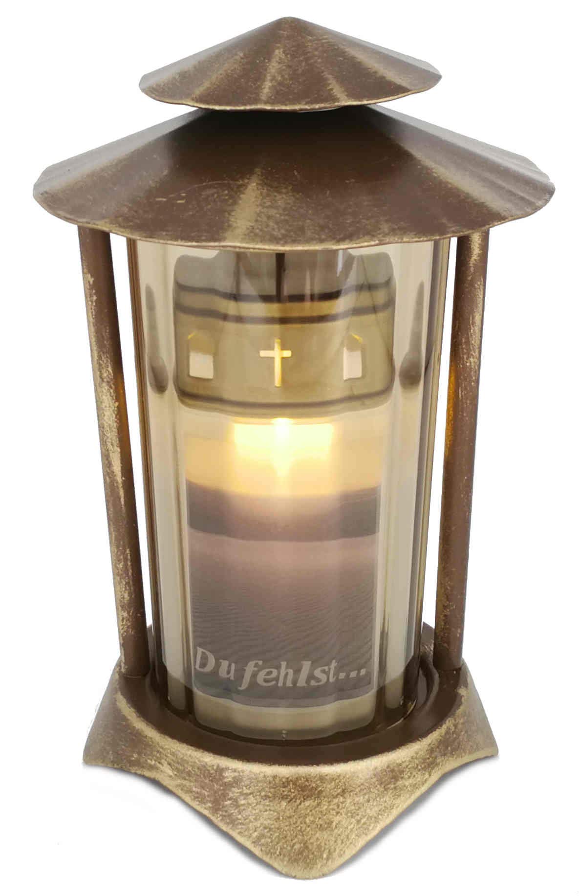 Anosta Grablaterne Bronze 21 cm mit LED-Kerze – Wetterfeste Grableuchte aus Metall
