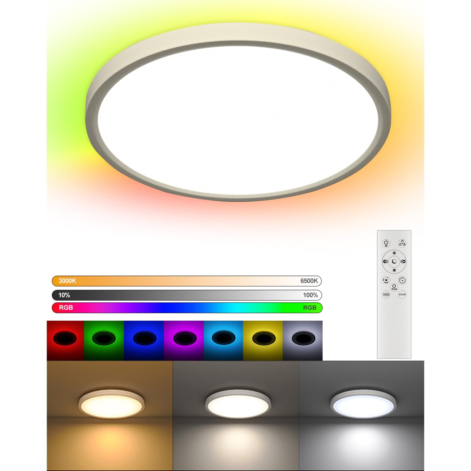 DetarZinLED Deckenlampe 30cm RGB Dimmbar – LED Deckenleuchte mit Fernbedienung für Badezimmer