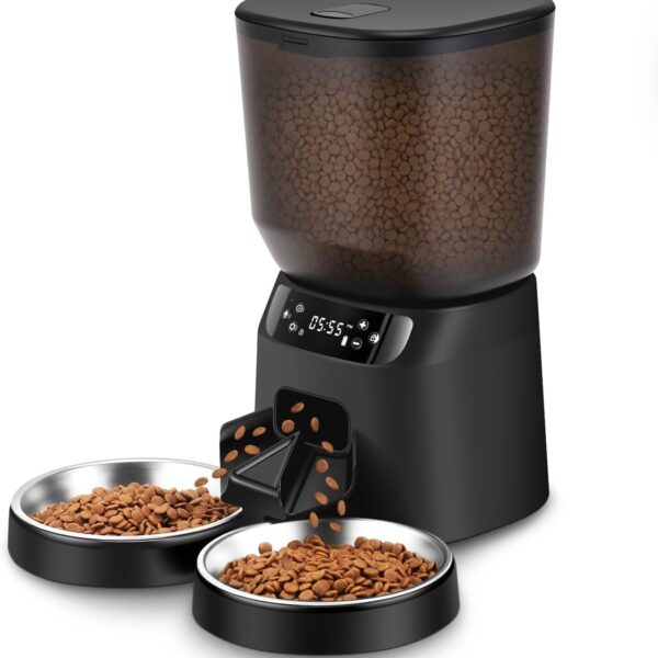 KATALICLAB Futterautomat 5L mit 2 Edelstahlnäpfen & Voice Recorder – Automatischer Futterspender für Katzen & Hunde