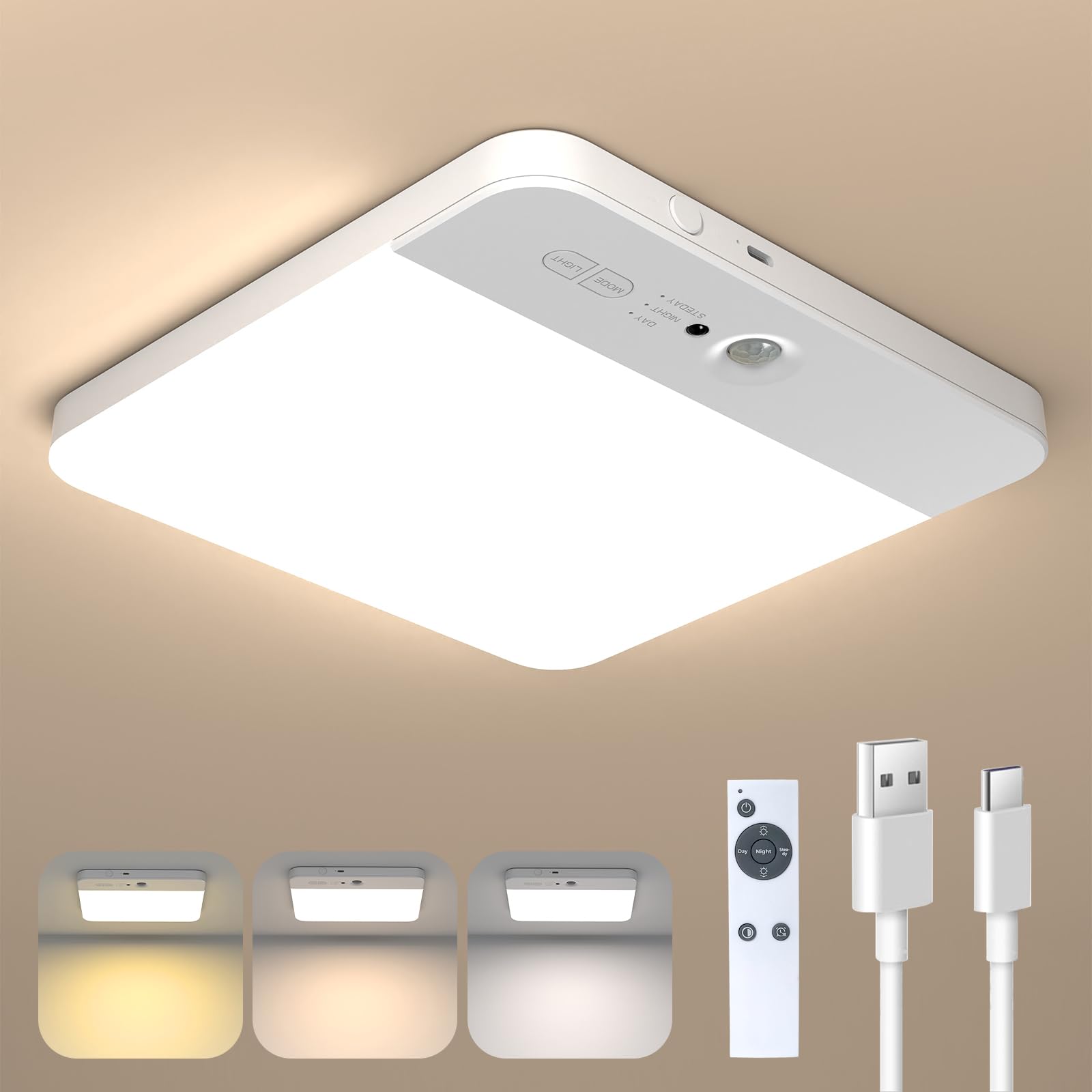 NARUNDREN LED-Deckenleuchte mit Bewegungsmelder – 6000mAh Akku, 3 Farbtemperaturen