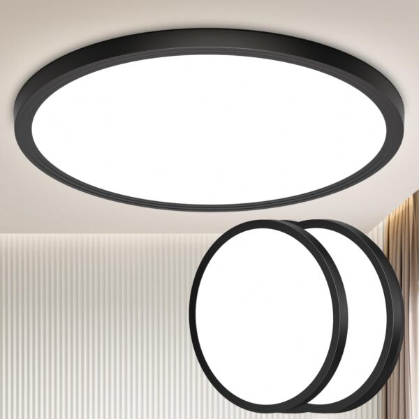 OUILA LED Deckenlampe 18W 4000K – Flache Schwarze Deckenleuchte 22cm für Küche, Bad & Wohnzimmer, 2er Set