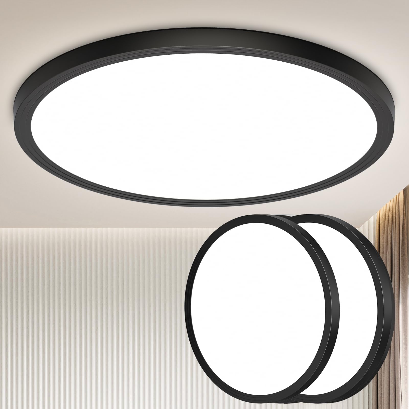 OUILA LED Deckenlampe 18W 4000K – Flache Schwarze Deckenleuchte 22cm für Küche, Bad & Wohnzimmer, 2er Set
