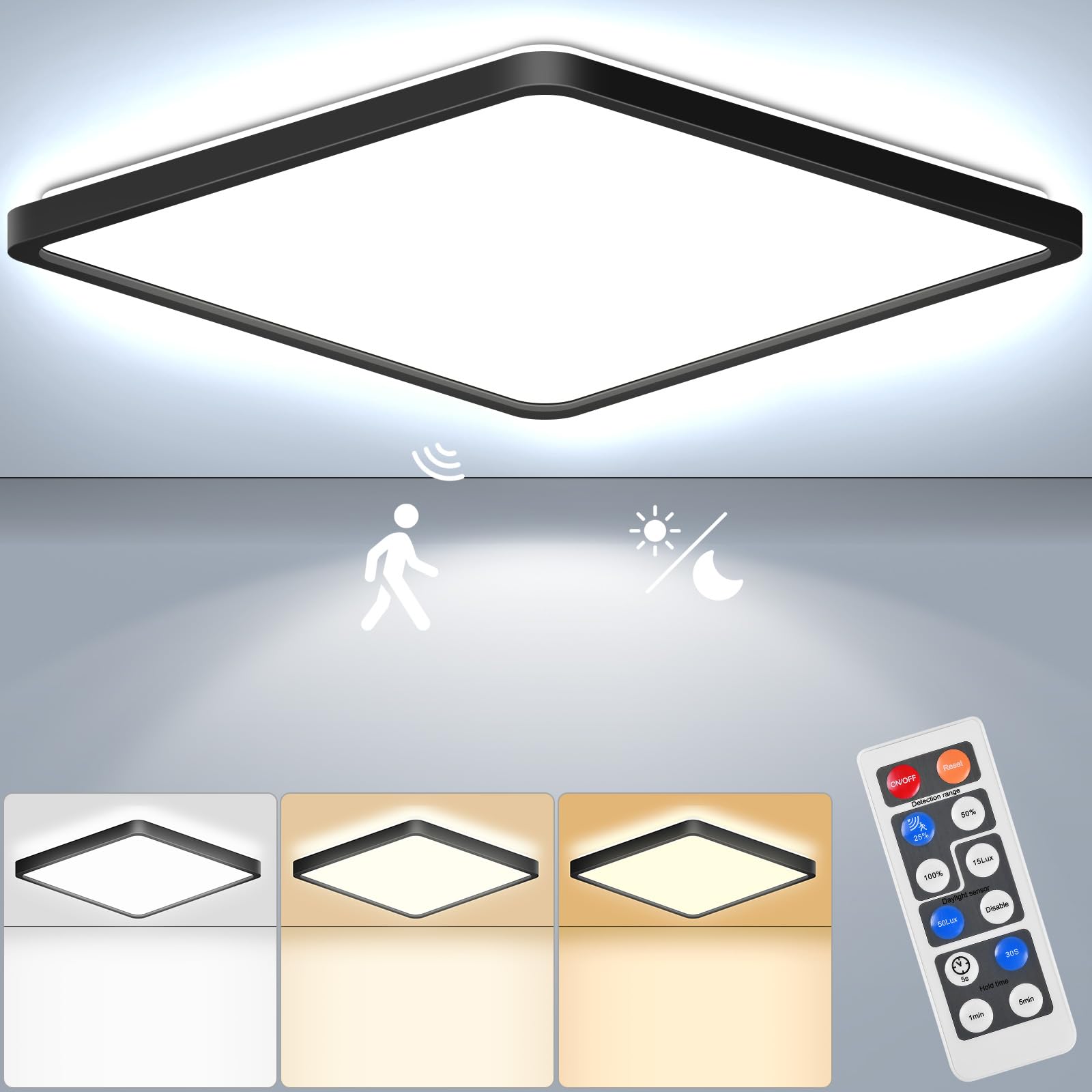 RDGOOD 24W LED Deckenleuchte mit Bewegungsmelder & Fernbedienung – 2400 Lumen für Bad, Garage, Flur