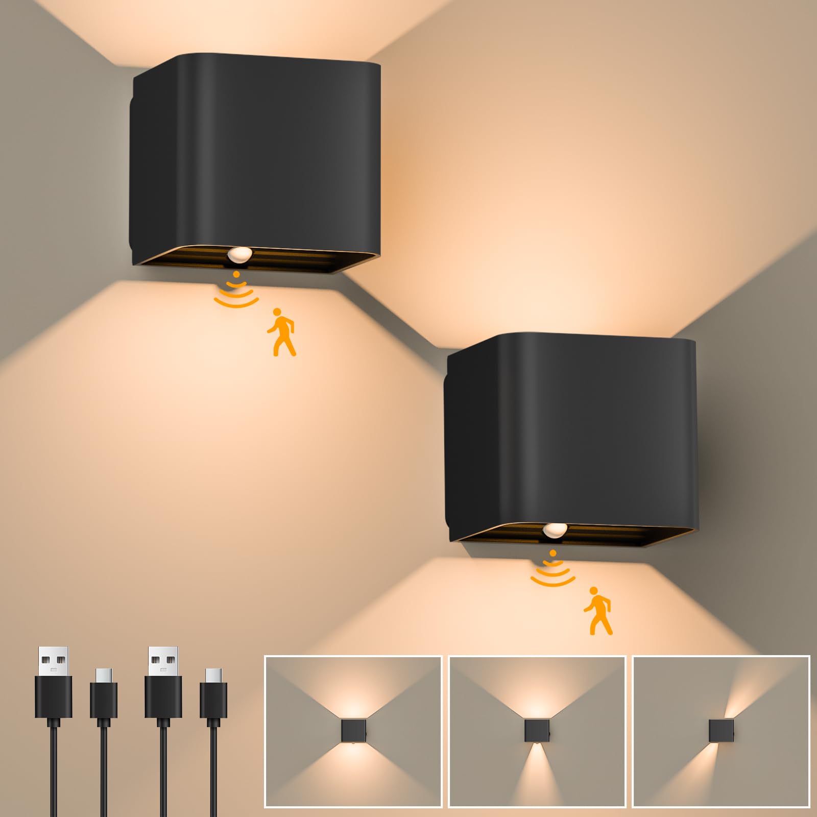GuKKK 2er Set LED-Wandlampe mit Bewegungsmelder – Kabellose Akku-Wandleuchte 3000K