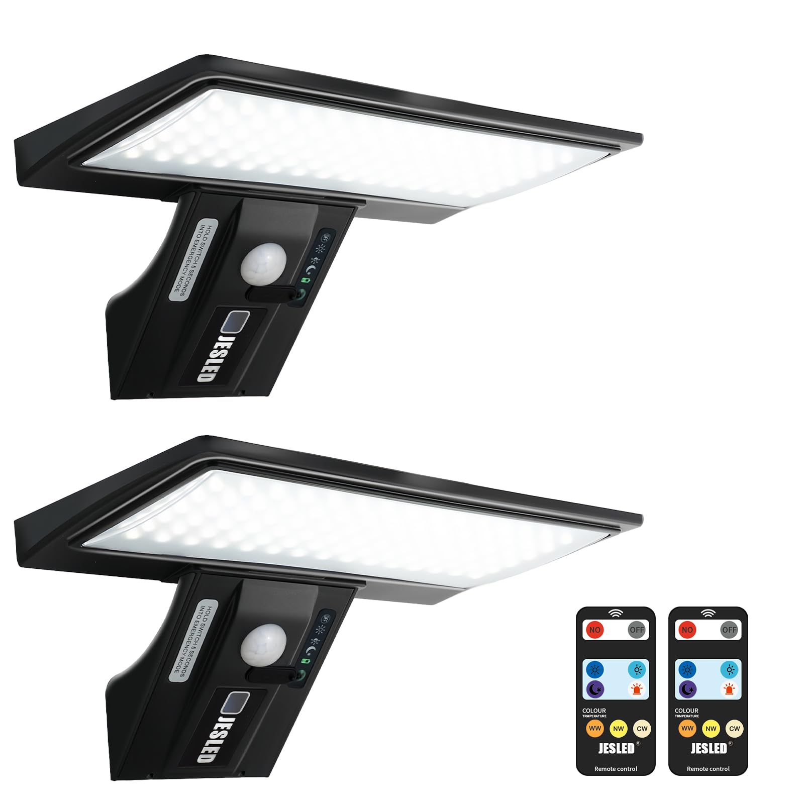 JESLED 90-LED Solarleuchte mit Bewegungsmelder & Fernbedienung – IP65 Sicherheitswandleuchte für Aussen, 2er Set