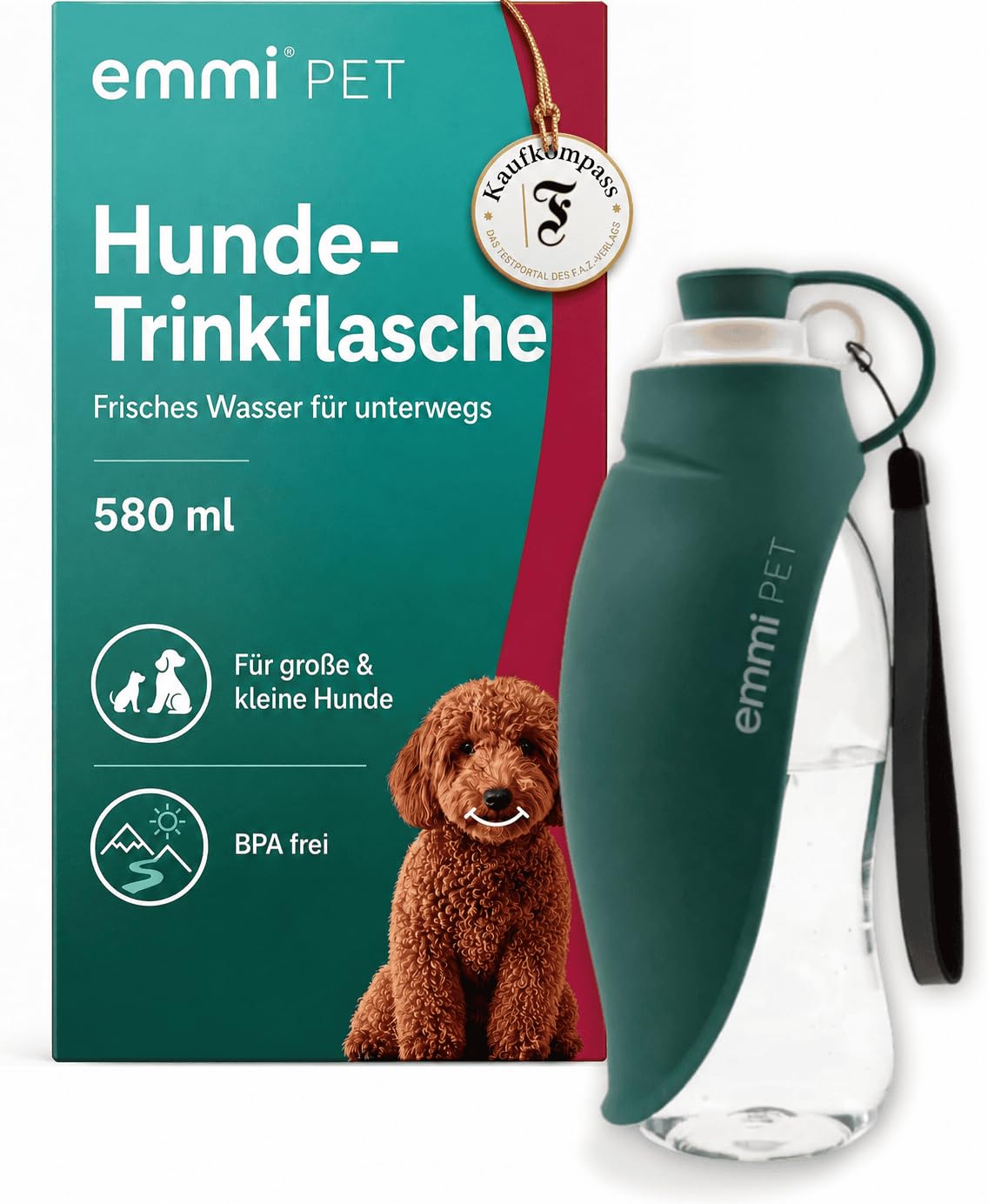 emmi-PET 2-in-1 Hundetrinkflasche 600 ml mit Futterbehälter – Auslaufsicher für Reisen & Outdoor