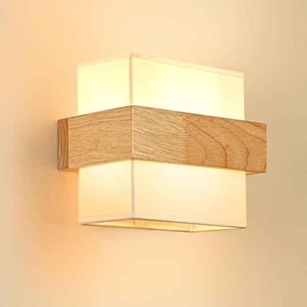 Gleonlux Wandleuchte Holz mit Stoffschirm – Retro Wandlampe E14 für Wohnzimmer & Flur