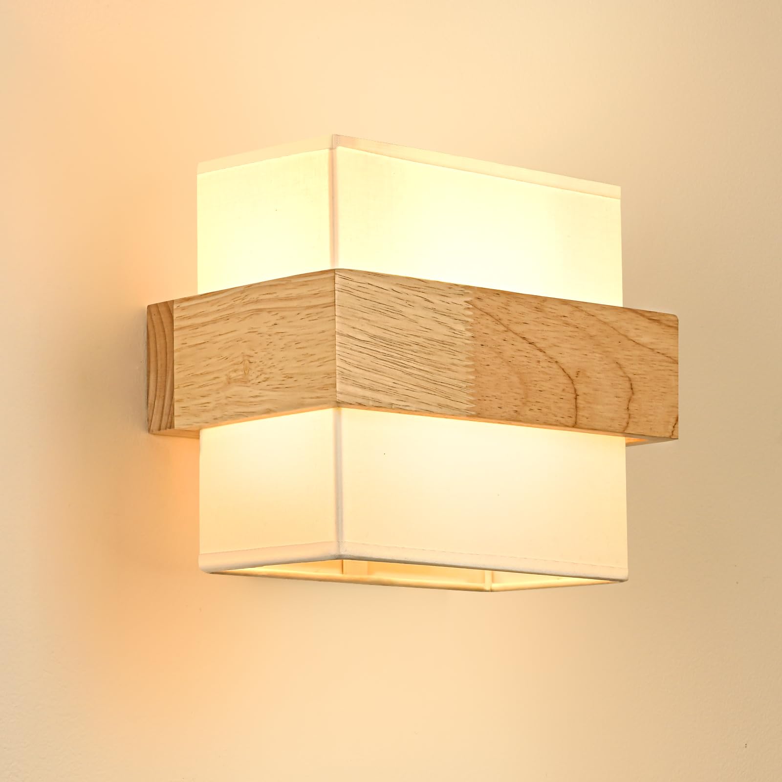 Gleonlux Wandleuchte Holz mit Stoffschirm – Retro Wandlampe E14 für Wohnzimmer & Flur