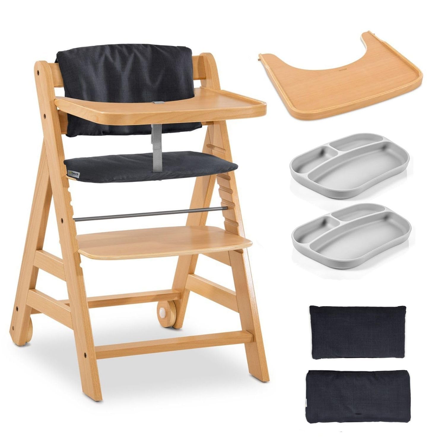 hauck Alpha Move Hochstuhl-Set mit Sitzkissen & Silikonteller – Mitwachsender Holzstuhl bis 90 kg