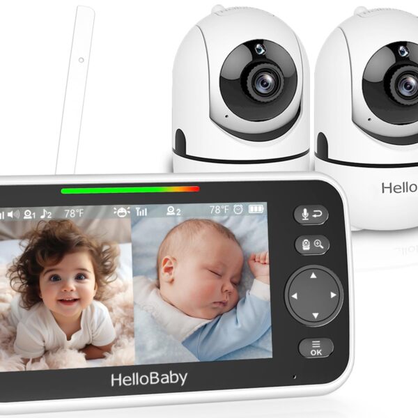 HelloBaby Babyphone mit 2 Kameras & 5" Split-Bildschirm – Sichere Überwachung ohne WLAN